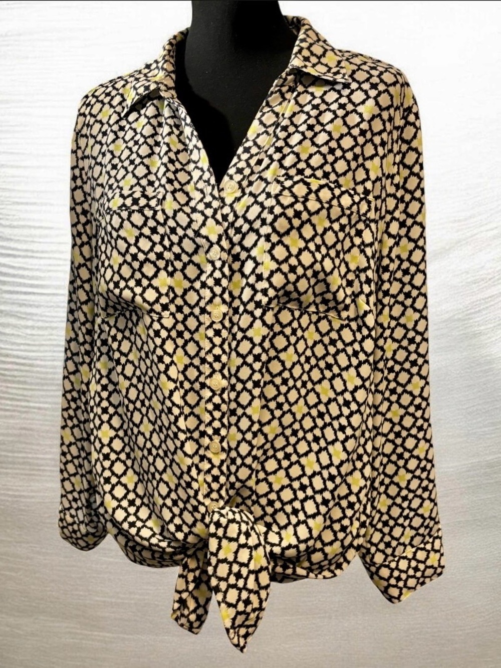 CJ Banks Black & Green Button-Front Blouse w/ Pockets & Button Tabs on Sleeves
